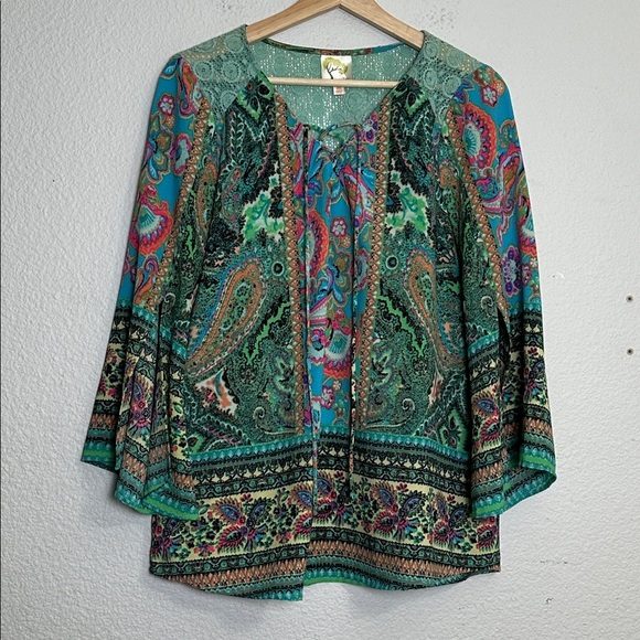 fig and flower Tops - Fig & Flower Boho Paisley Blouse Size Medium Multicolor Peasant Top Flowy Sleeve